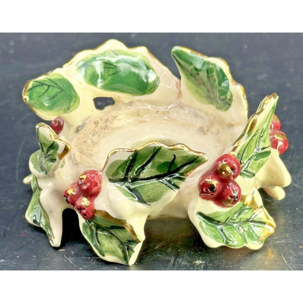 Heather Goldminc Blue Sky Clayworks "Holly" Candle Holder, Gold Trim, 2000, VTG